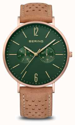 Bering Classique | hommes | or rose mat | bracelet en cuir marron 14240-668