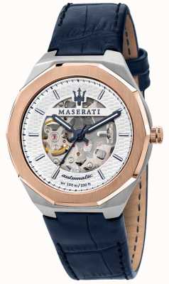 Maserati Style homme automatique | bracelet en cuir bleu | cadran squelette argenté R8821142001
