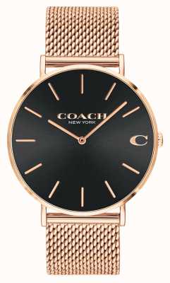 Coach | charles | cadran soleillé noir | bracelet en maille d'or rose | 14602552