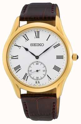 Seiko Montre bracelet cuir marron cadran blanc plaqué or jaune SRK050P1