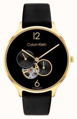 Calvin Klein Boitier plaqué or automatique bracelet cuir noir 25200123