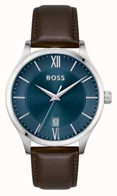 BOSS Élite masculine | cadran bleu | bracelet en cuir marron 1513955