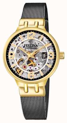 Festina Montre automatique squelette dorée/noire pour femme avec bracelet en maille F20580/2