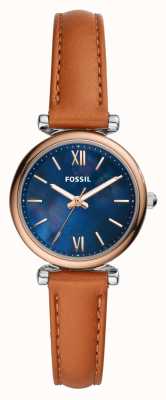 Fossil Carlie mini femme | cadran nacre bleue | bracelet en cuir marron ES4701