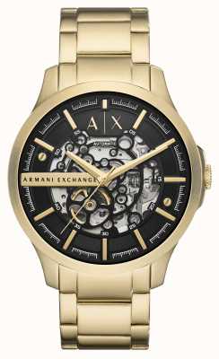 Armani Exchange Hommes | automatique | cadran squelette noir | bracelet en acier inoxydable doré AX2419