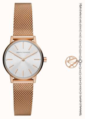 Armani Exchange Coffret montre et bracelet femme | cadran argenté | bracelet en maille d'acier d'or rose AX7121