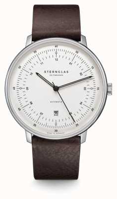 STERNGLAS Montre hamburg automatique pour homme | cadran blanc | bracelet en cuir marron S02-HH10-VI11