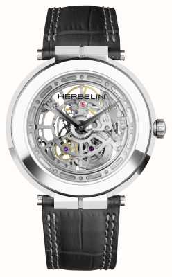 Herbelin Bracelet cuir noir squelette mécanique slim Newport 1222SQ75